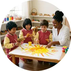 Niños pintan un sol grande junto a su tutora