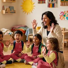 Una profesora se despide con la mano de los niños sentados en ronda