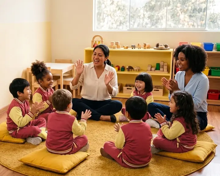 Una profesora y su auxiliar cantan el saludo con niños de 4 años sentados en ronda