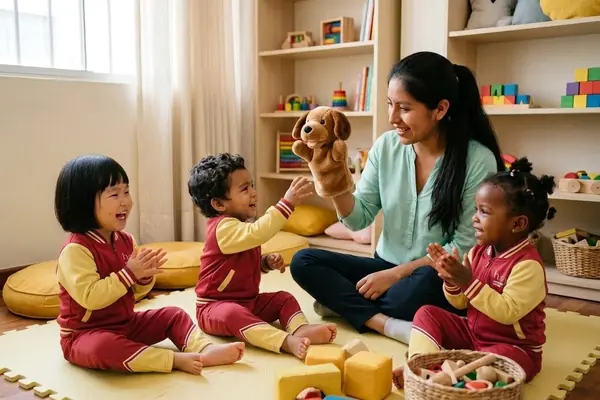 Una profesora saluda con un títere de perrito a tres niños de 2 años