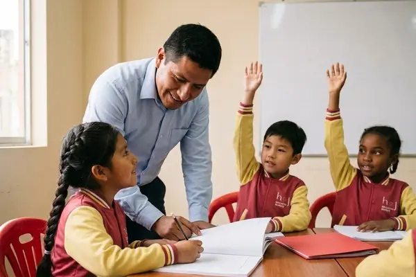 Un profesor de matemática revisa cómo una niña resuelve un problema en su libro, y otros dos niños levantan la mano