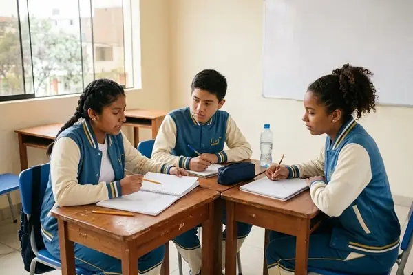 Tres alumnos repasan en un aula