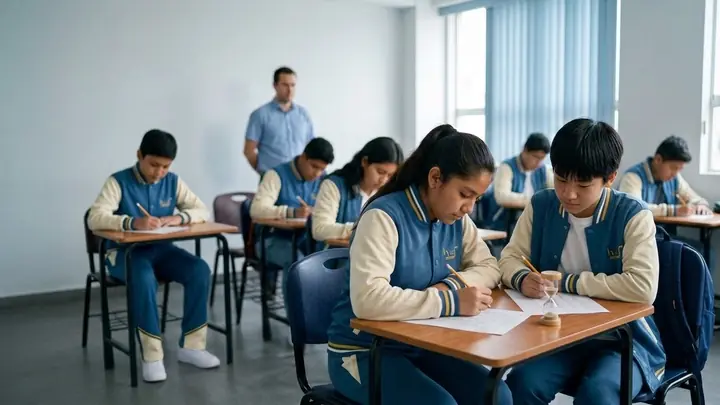 Dos alumnos de secundaria resuelven preguntas en silencio con un reloj de arena en la carpeta